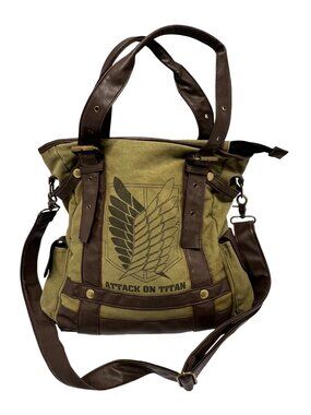 Attack On Titan Canvas Shoulder Tote Bag With Leather Straps & Anime Logo Design